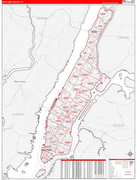 New York County, NY Zip Code Wall Map Red Line Style by MarketMAPS ...