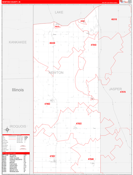 Newton County, IN Zip Code Wall Map Red Line Style by MarketMAPS - MapSales