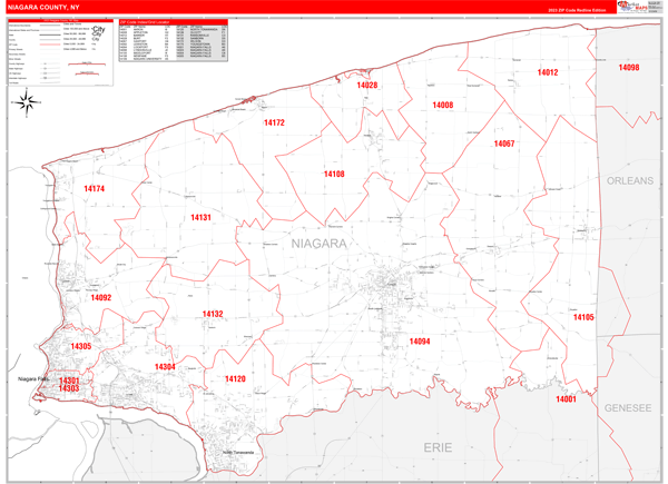 Niagara County, NY Zip Code Wall Map Red Line Style by MarketMAPS