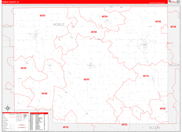 Noble County, IN Zip Code Wall Map