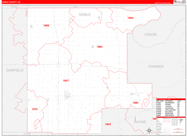 Noble County Wall Map Red Line Style