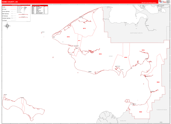 Nome County Wall Map Red Line Style