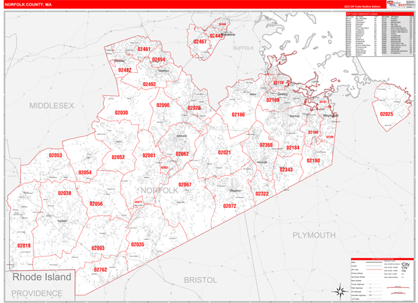 Norfolk County Ma Zip Code Wall Map Red Line Style By Marketmaps