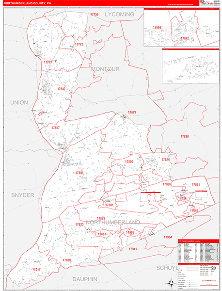 Northumberland County, PA Wall Map Red Line Style