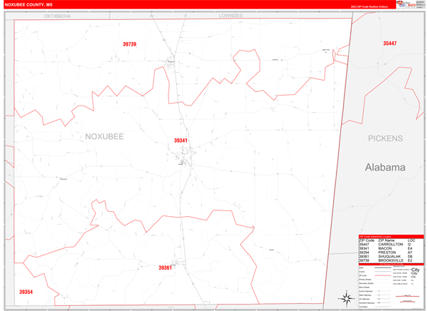 Noxubee County, MS Carrier Route Wall Map
