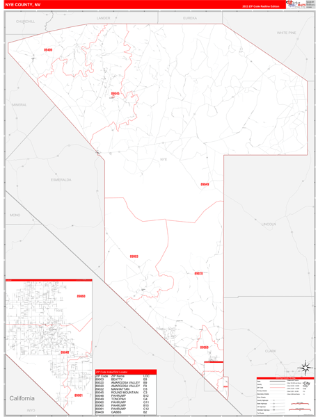 Nye County Wall Map Red Line Style