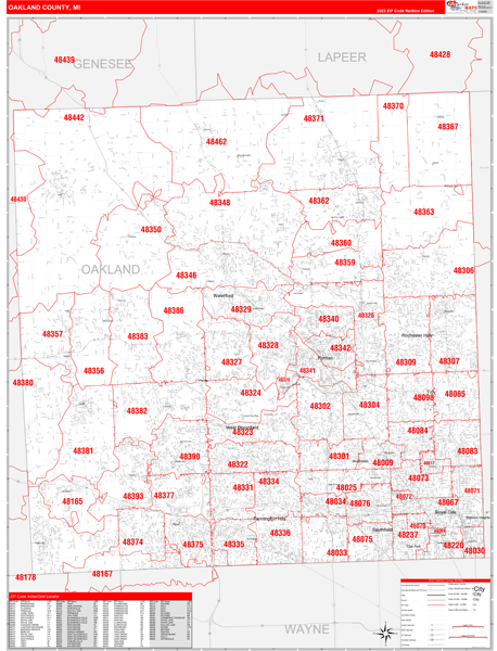 Oakland County, MI Zip Code Wall Map Red Line Style by MarketMAPS