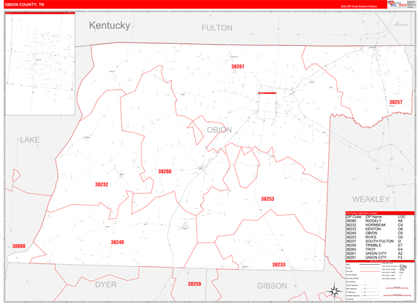 Obion County Wall Map Red Line Style