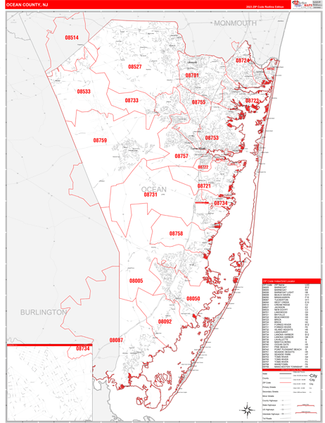 Ocean County, NJ Zip Code Wall Map Red Line Style by MarketMAPS
