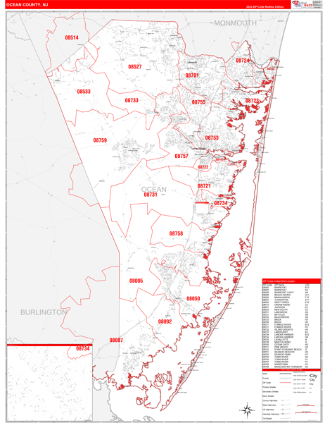 Ocean County Digital Map Red Line Style