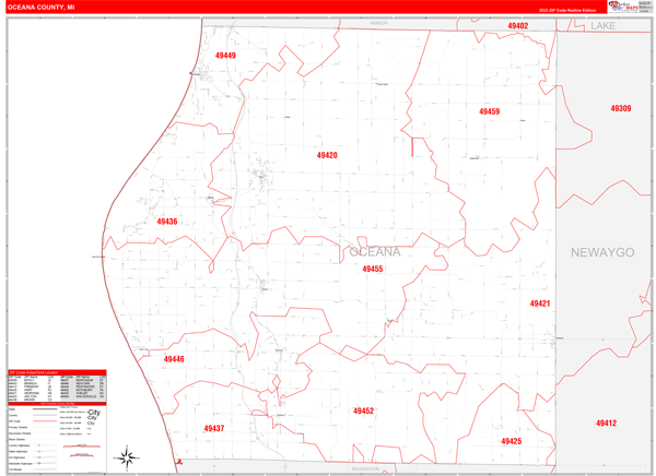 Oceana County Mi Zip Code Wall Map Red Line Style By Marketmaps Mapsales 6958