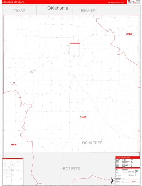 Ochiltree County, TX Wall Map Red Line Style