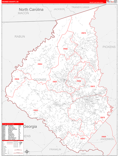 Oconee County, SC Zip Code Wall Map