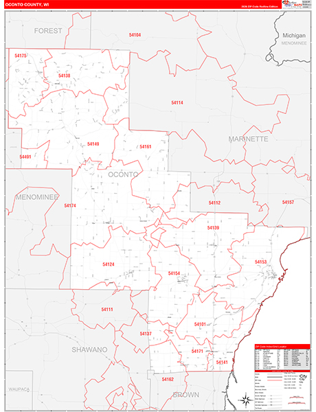 Oconto County, WI Zip Code Wall Map