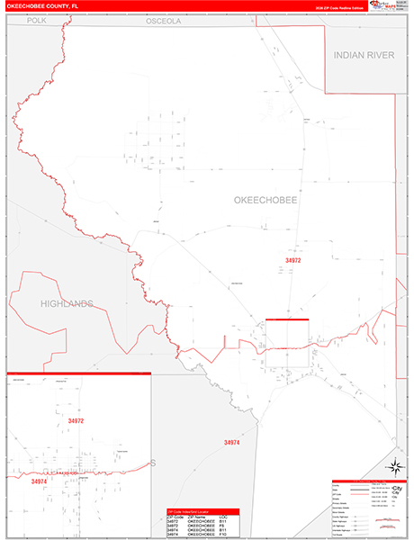 Okeechobee County, FL Wall Map Red Line Style