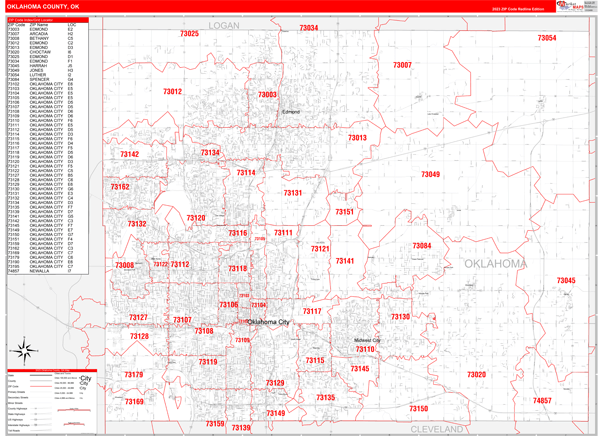 Oklahoma County, OK Wall Map Red Line Style
