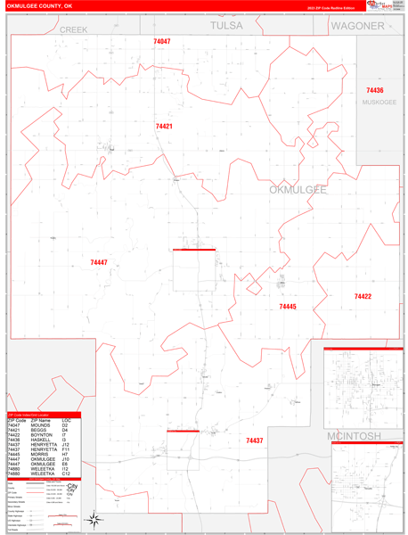 Okmulgee County, OK Wall Map Red Line Style