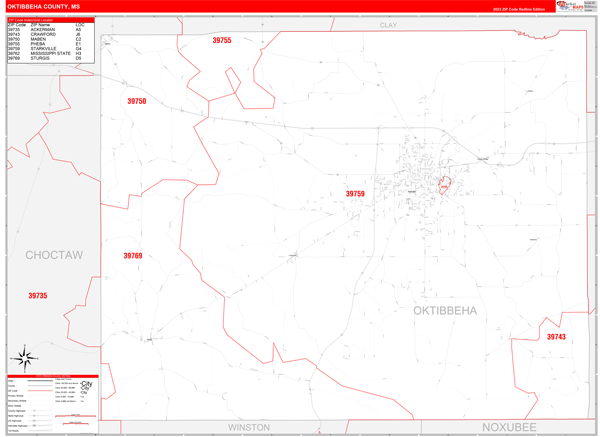 Oktibbeha County, MS Wall Map Red Line Style