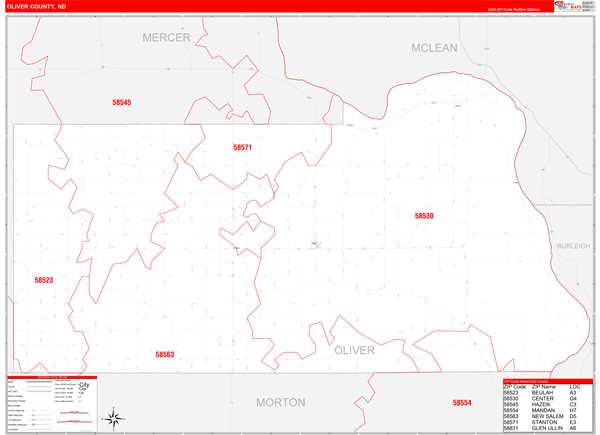 Oliver County, ND Zip Code Wall Map