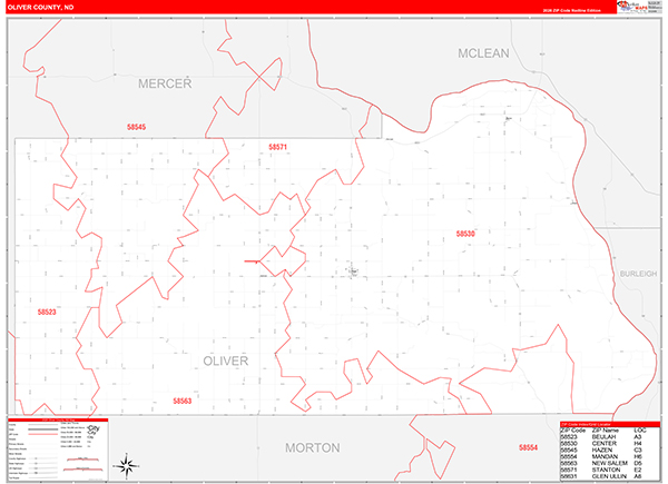 Oliver County, ND Wall Map Red Line Style