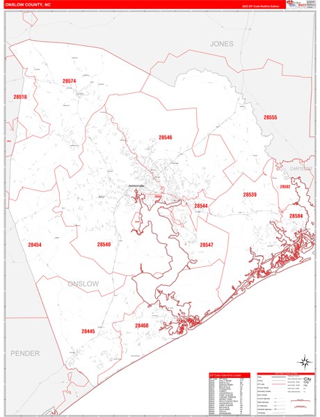 Onslow County Digital Map Red Line Style