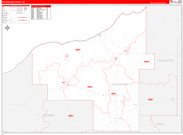 Ontonagon County Wall Map Red Line Style