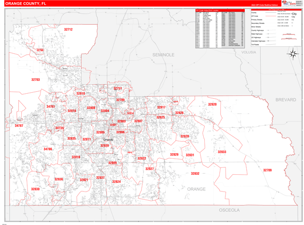 Orange County, FL Zip Code Wall Map Red Line Style by MarketMAPS