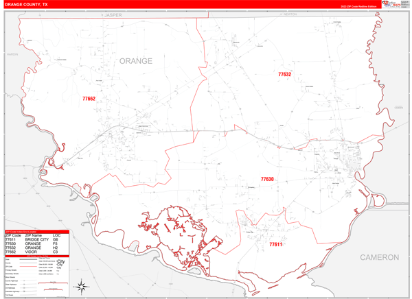 Orange County, TX Zip Code Wall Map Red Line Style by MarketMAPS