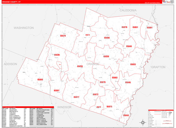 Orange County, VT Zip Code Map