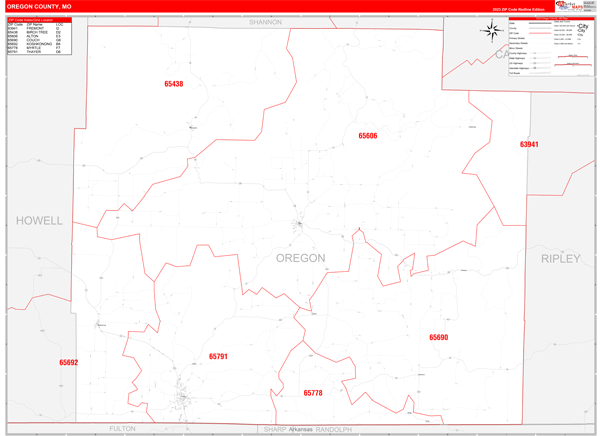 Oregon County Wall Map Red Line Style