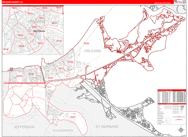 Orleans Parish (County), LA Wall Map Red Line Style
