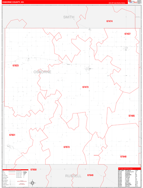 Osborne County Wall Map Red Line Style