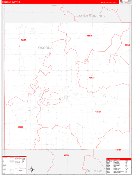 Oscoda County Wall Map Red Line Style