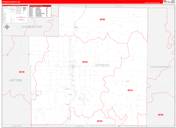 Otsego County Wall Map Red Line Style