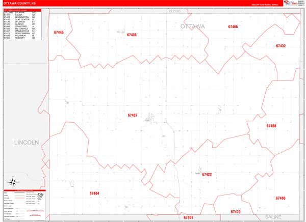 Ottawa County, KS Wall Map Red Line Style