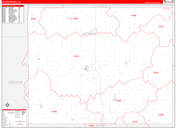 Ottawa County, KS Wall Map Red Line Style
