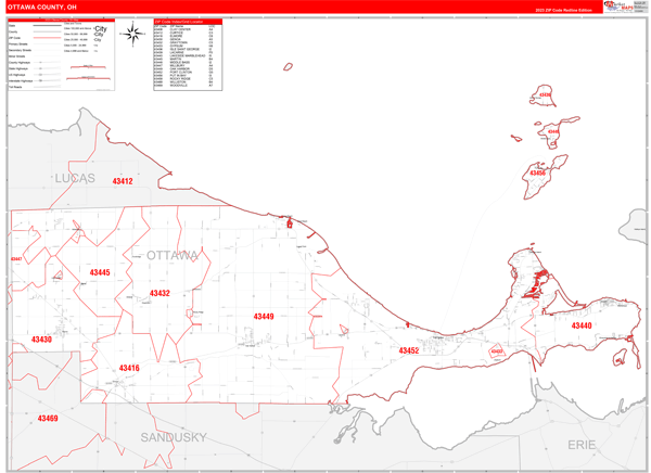 Ottawa County OH Zip Code Wall Map Red Line Style By MarketMAPS