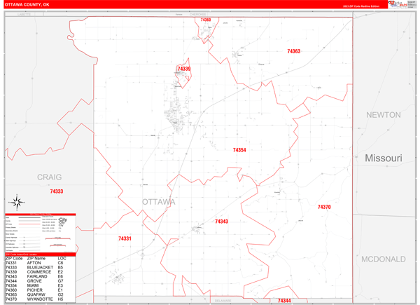 Ottawa County, OK Wall Map Red Line Style