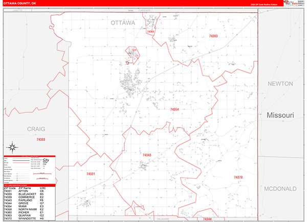 Ottawa County, OK Carrier Route Wall Map