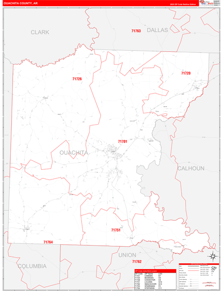 Ouachita County, AR Zip Code Wall Map