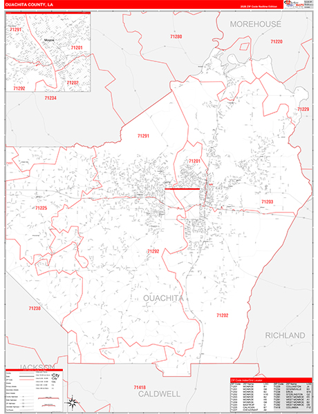 Ouachita Parish (County), LA Wall Map Red Line Style
