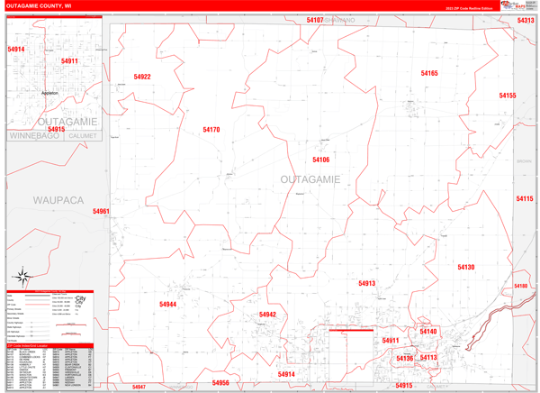 Outagamie County, WI Wall Map Red Line Style