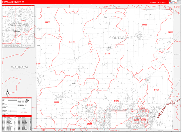 Outagamie County, WI Zip Code Wall Map