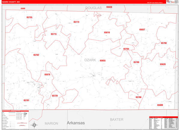 Ozark County Wall Map Red Line Style