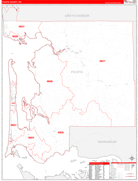 Pacific County Wall Map Red Line Style