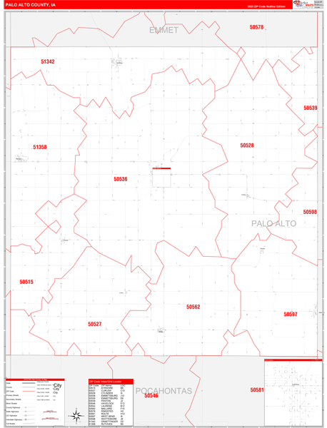 Palo Alto County, IA Zip Code Wall Map Red Line Style by MarketMAPS