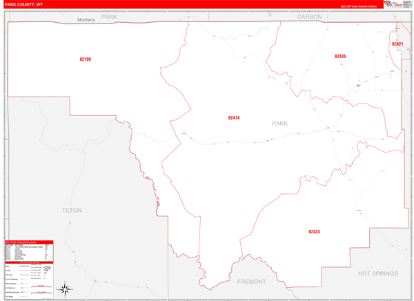 Park County, WY Zip Code Wall Map Red Line Style by MarketMAPS - MapSales