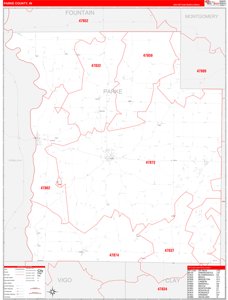 Parke County, IN Map Red Line Style
