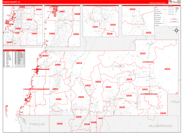 Zip Code Map Pasco County Pasco County, FL Zip Code Wall Map Red Line Style by MarketMAPS