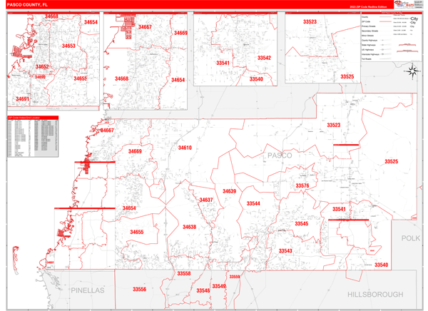 Pasco County Wall Map Red Line Style